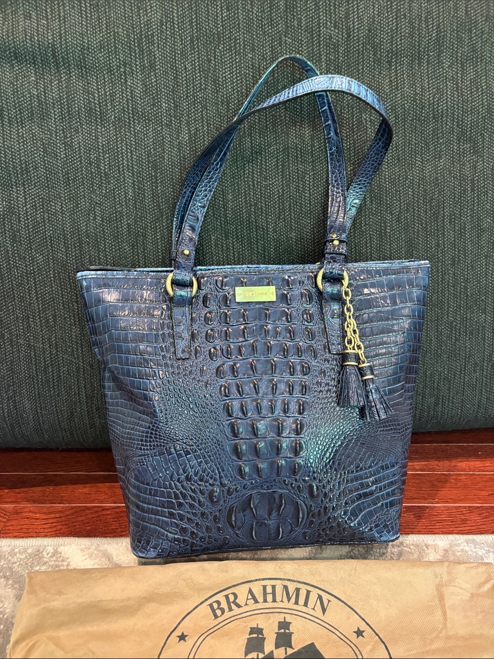 Brahmin Medium Asher in a vibrant, croc-embossed leather blue tote purse handbag